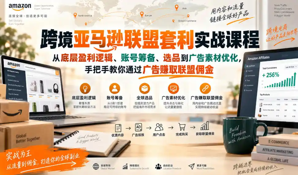 跨境亚马逊联盟套利实战课程，从底层盈利逻辑、账号筹备、选品到广告素材优化，手把手教你通过广告賺取联盟佣金-翻身路网创