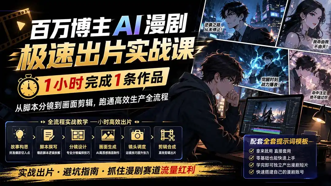 百万博主AI漫剧极速出片实战课：1小时产出条作品，从脚本分镜到画面剪辑，跑通高效生产全流程-翻身路网创