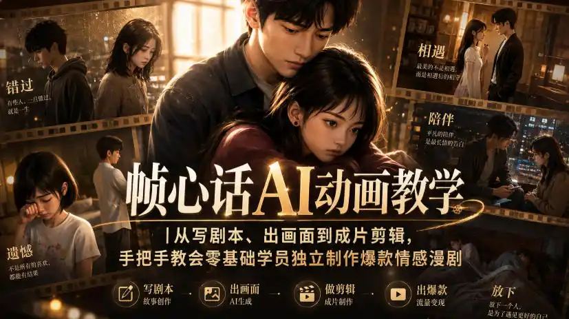帧心话AI动画教学｜从写剧本、出画面到成片剪辑，手把手教会零基础学员独立制作爆款情感漫剧-翻身路网创