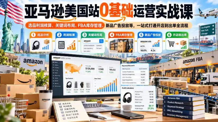 亚马逊美国站0基础运营实战课｜选品利润核算、关键词布局、FBA库存管理、新品广告投放等，一站式打通开店到出单全流程-翻身路网创