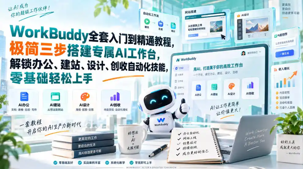 WorkBuddy全套入门到精通教程，极简三步搭建专属AI工作台，解锁办公、建站、设计、创收自动化技能，零基础轻松上手-翻身路网创