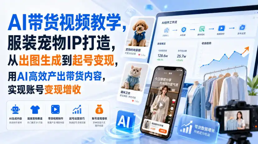 AI带货视频教学，服装宠物IP打造，从出图生成到起号变现，用AI高效产出带货内容，实现账号变现增收-翻身路网创