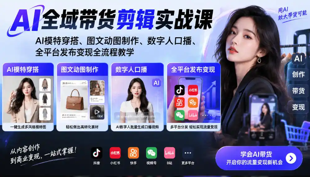 AI全域带货剪辑实战课|AI模特穿搭、图文动图制作、数字人口播、全平台发布变现全流程教学-翻身路网创