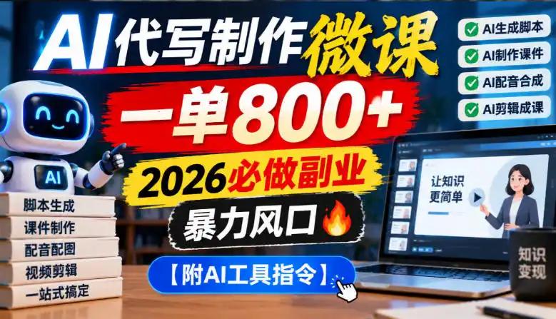 AI代写制作微课，一单800+，2026必做副业，暴力风口【附AI工具指令】【揭秘】-翻身路网创