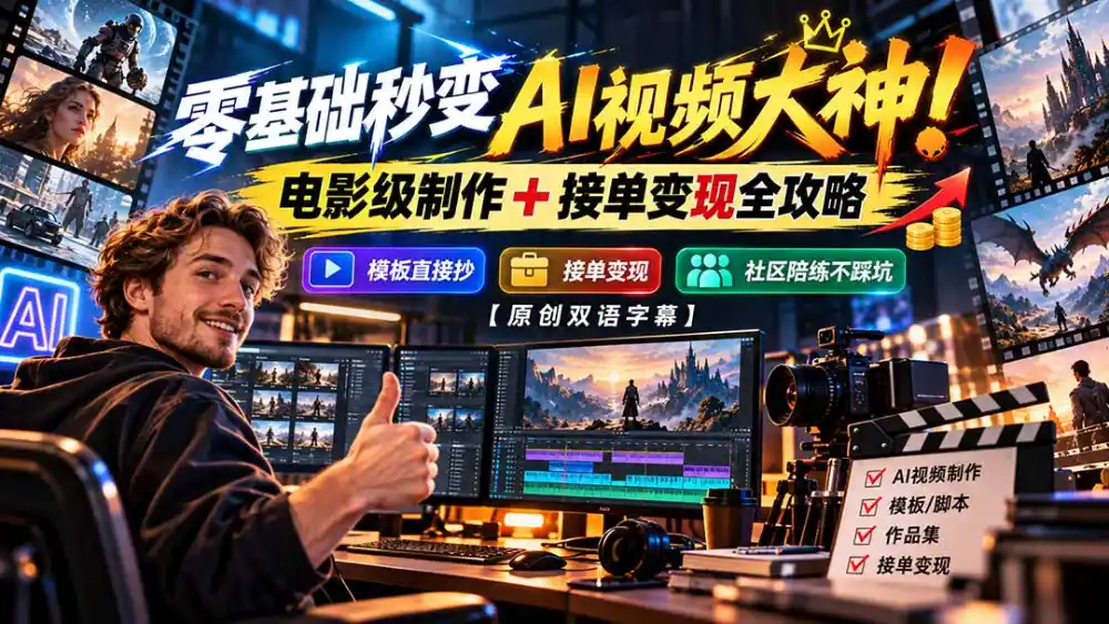 零基础秒变AI视频大神！电影级制作 + 接单变现全攻略，模板直接抄，社区陪练不踩坑【原创双语字幕】-翻身路网创