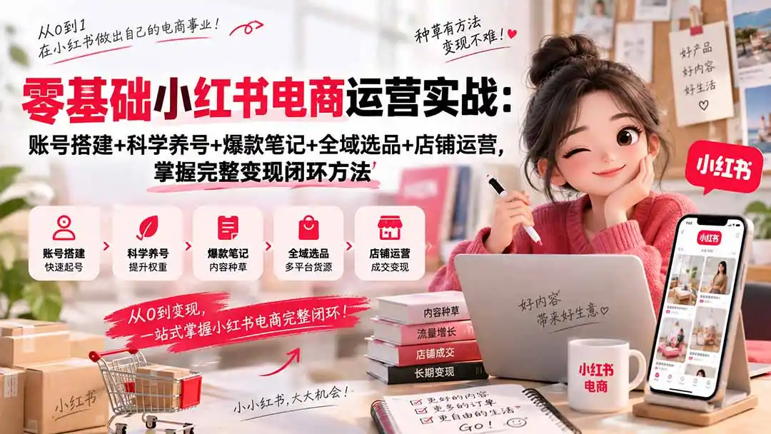 零基础小红书电商运营实战：账号搭建+科学养号+爆款笔记+全域选品+店铺运营，掌握完整变现闭环方法-翻身路网创