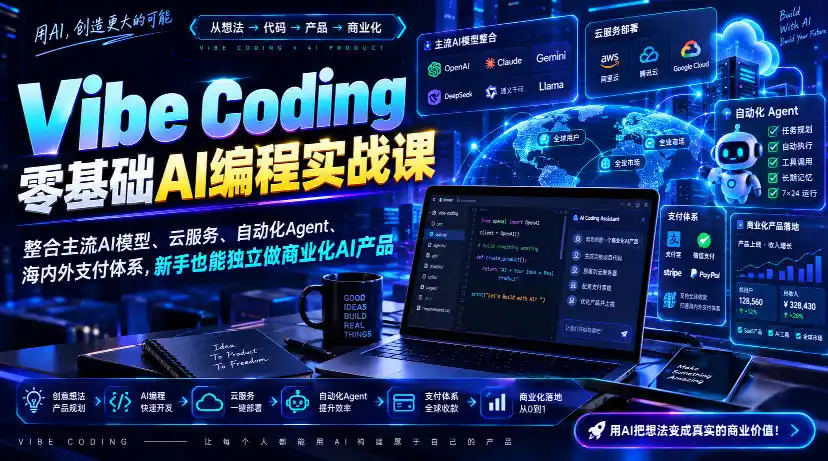 Vibe Coding零基础AI编程实战课-无水印，整合主流AI模型、云服务、自动化Agent、海内外支付体系，新手也能独立做商业化AI产品-翻身路网创