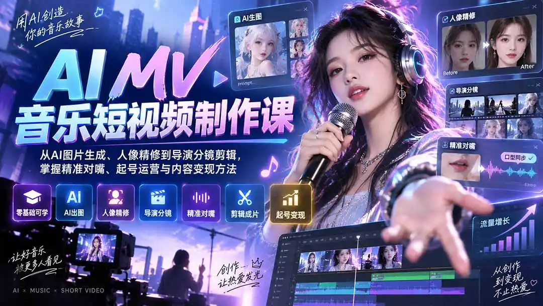 AI MV音乐短视频制作课：从AI图片生成、人像精修到导演分镜剪辑，掌握精准对嘴、起号运营与内容变现方法-翻身路网创