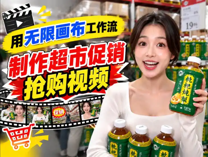 无限画布超市促销抢购视频工作流，一键产出TikTok抖音带货短视频-翻身路网创