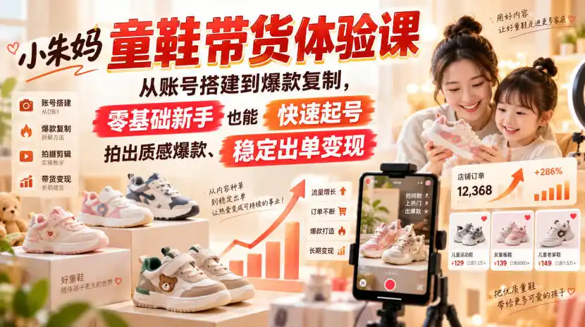 小朱妈童鞋带货体验课，从账号搭建到爆款复制，零基础新手也能快速起号、拍出质感爆款、稳定出单变现-翻身路网创