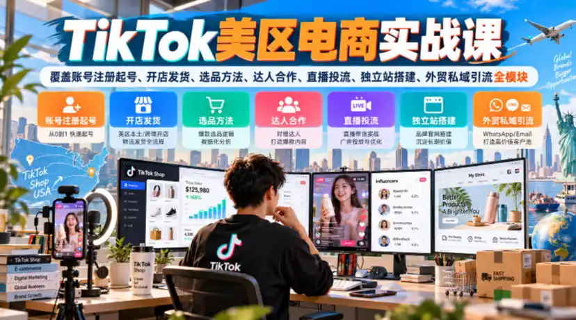 TikTok美区电商实战课，覆盖账号注册起号、开店发货、选品方法、达人合作、直播投流、独立站搭建、外贸私域引流全模块-翻身路网创