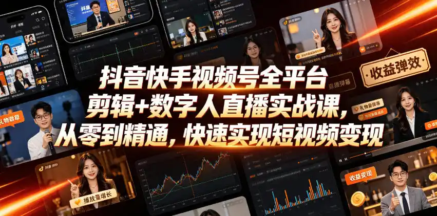 抖音快手视频号全平台剪辑+数字人直播实战课，从零到精通，快速实现短视频变现(更新2026年10月)-翻身路网创