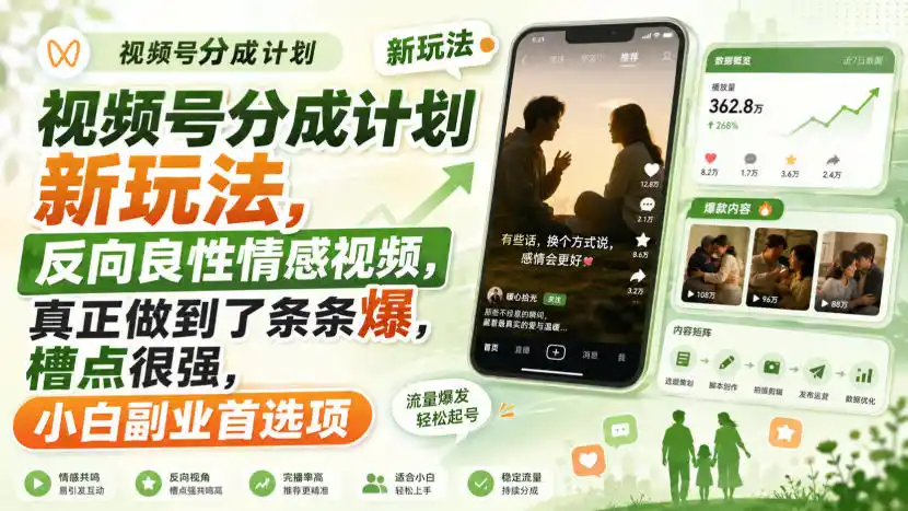 视频号分成计划新玩法，反向良性情感视频，真正做到了条条爆，槽点很强，小白副业首选项-翻身路网创