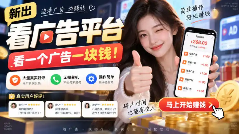 新出看广告平台，看一个广告一块钱，大量真实好评！无需养机、不会黑号，操作简单【揭秘】-翻身路网创