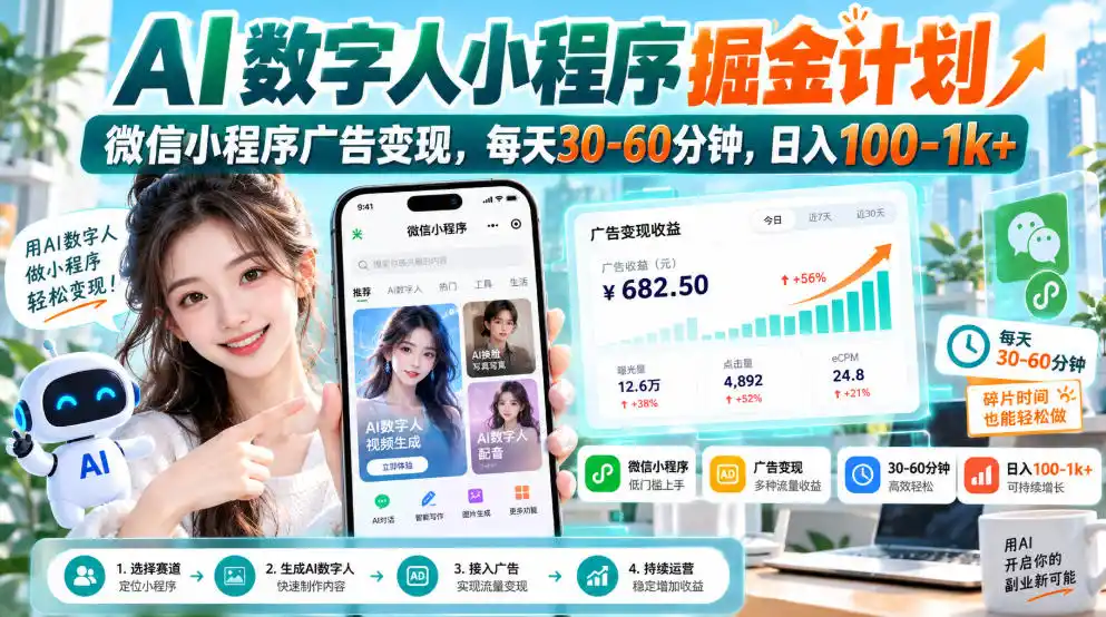 【无水印】AI数字人小程序掘金计划，微信小程序广告变现，每天30‑60分钟，日入100‑1k+-翻身路网创