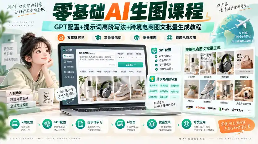 零基础AI生图课程，GPT配置+提示词高阶写法+跨境电商图文批量生成教程-翻身路网创