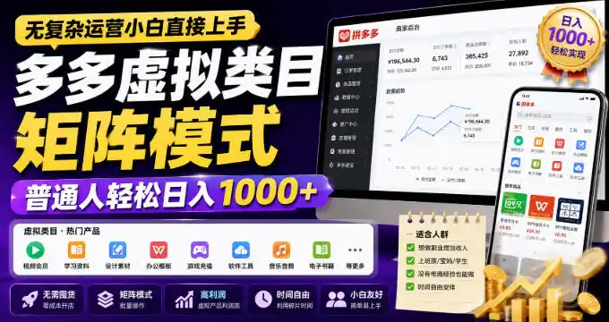 无复杂运营小白直接上手，多多虚拟类目矩阵模式，普通人轻松日入1000+【揭秘】-翻身路网创