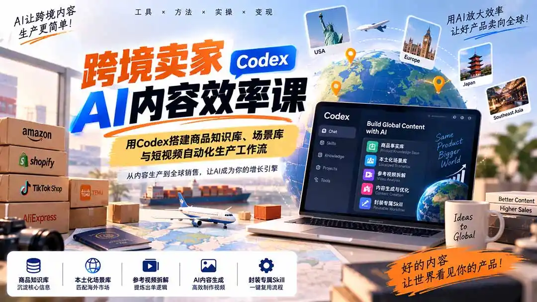 跨境卖家AI内容效率课：用Codex搭建商品知识库、场景库与短视频自动化生产工作流-翻身路网创