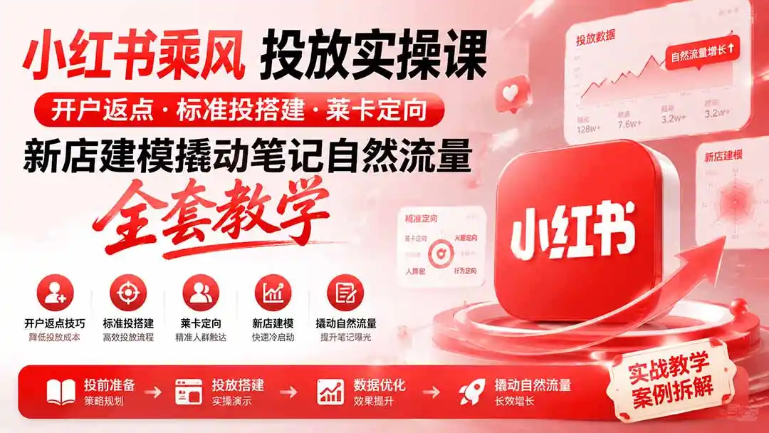 小红书乘风投放-100分钟实操课｜开户返点·标准投搭建·莱卡定向，新店建模撬动笔记自然流量全套教学-翻身路网创