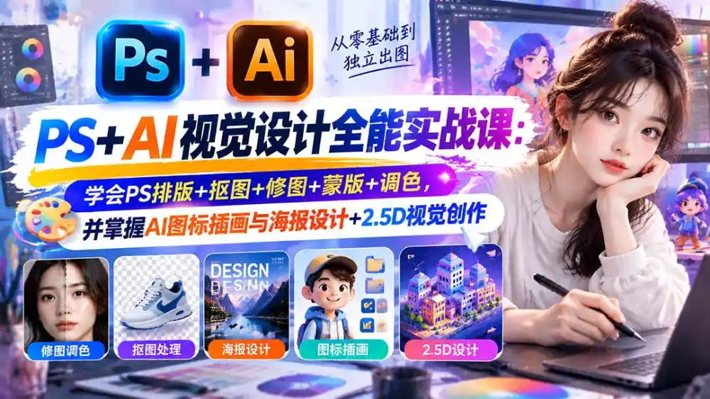 【无水印】PS+AI视觉设计全能实战课：学会PS排版+抠图+修图+蒙版+调色，并掌握AI图标插画与海报设计+2.5D视觉创作-翻身路网创