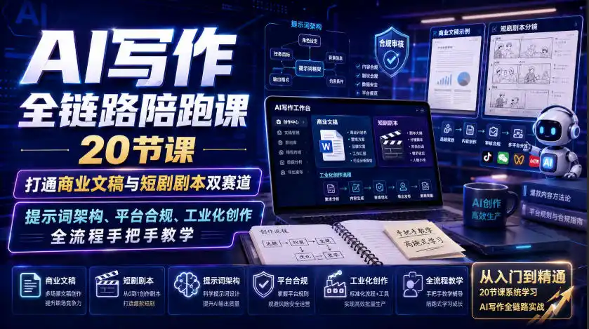 AI写作全链路陪跑课｜20节课打通商业文稿与短剧剧本双赛道，提示词架构、平台合规、工业化创作全流程手把手教学-翻身路网创