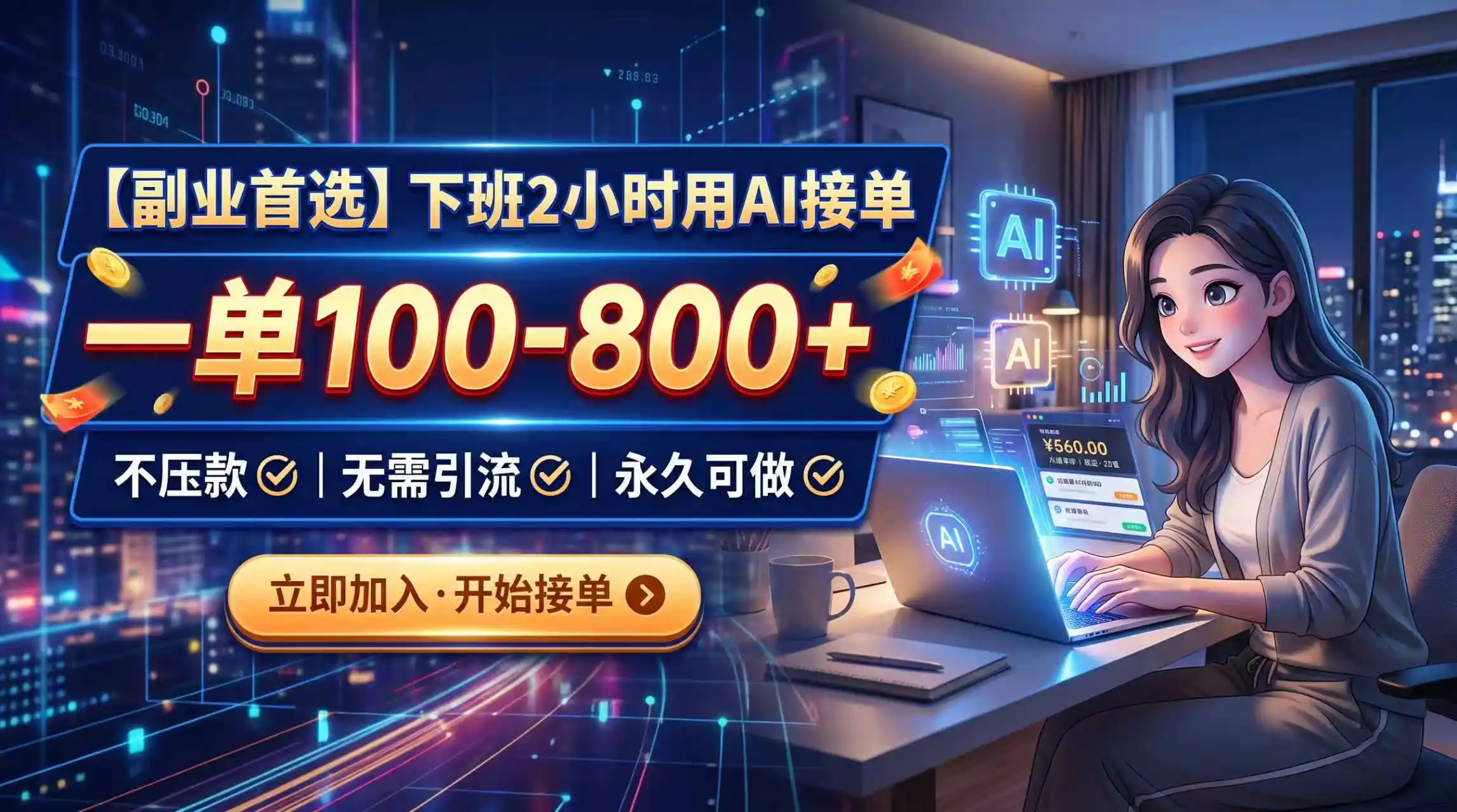 下班2小时用AI接单，一单100-800+，不压款，无需引流，永久可做-翻身路网创