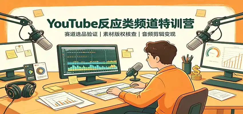 YouTube反应类频道特训营：赛道选品验证，素材版权核查，音频剪辑变现-翻身路网创
