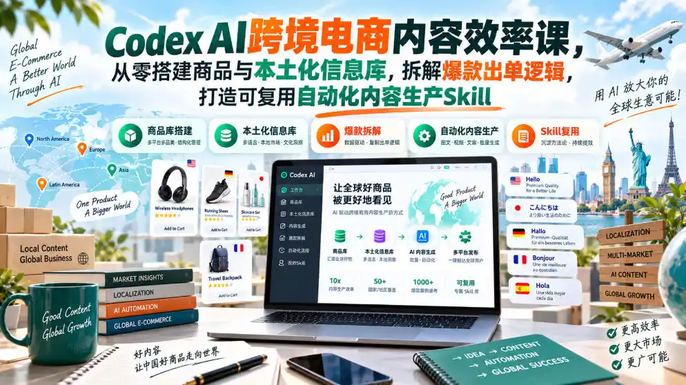 Codex AI跨境电商内容效率课，从零搭建商品与本土化信息库，拆解爆款出单逻辑，打造可复用自动化内容生产Skill-翻身路网创