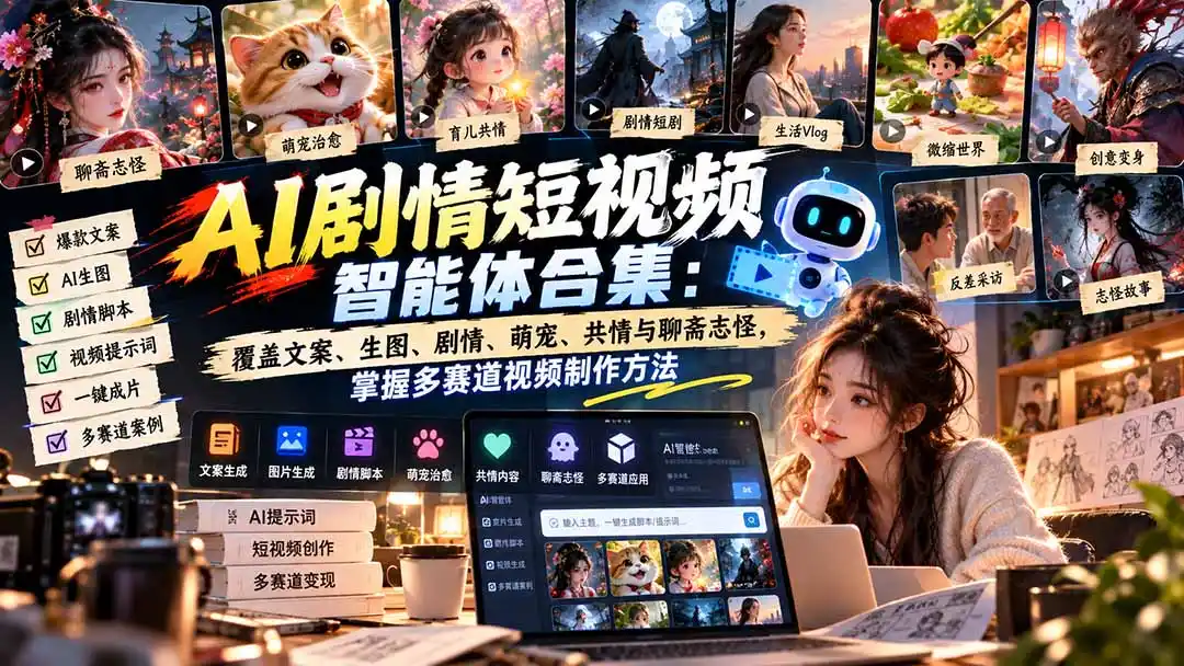 【无水印】AI剧情短视频智能体合集:覆盖文案、生图、剧情、萌宠、共情与聊斋志怪,掌握多赛道视频制作方法-翻身路网创