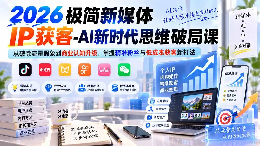 2026极简新媒体IP获客-AI新时代思维破局课：从破除流量假象到商业认知升级，掌握精准粉丝与低成本获客新打法-翻身路网创