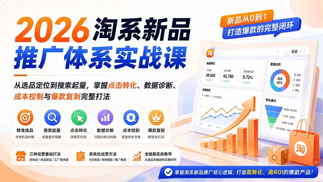 2026淘系新品推广体系实战课：从选品定位到搜索起量，掌握点击转化、数据诊断、成本控制与爆款复制完整打法-翻身路网创