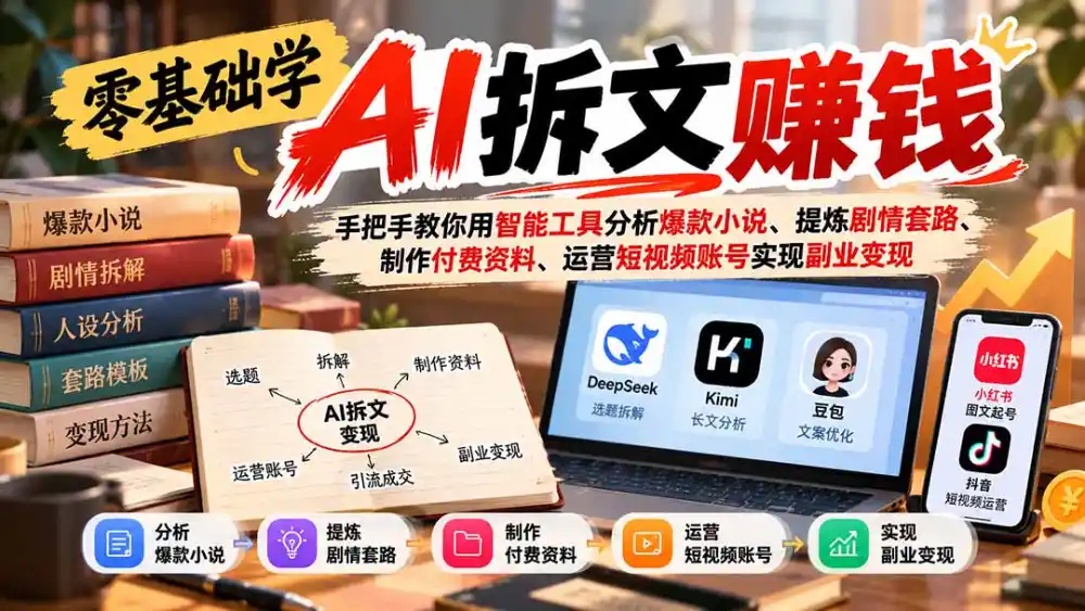 零基础学AI拆文赚钱：手把手教你用智能工具分析爆款小说、提炼剧情套路、制作付费资料、运营短视频账号实现副业变现-翻身路网创