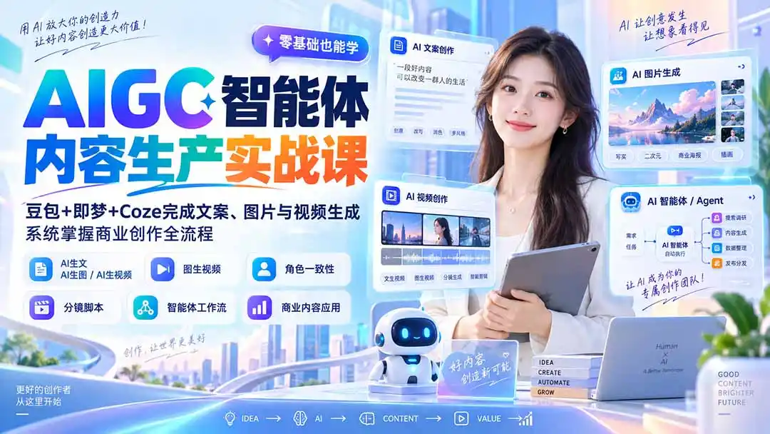 AIGC智能体内容生产实战课：豆包+即梦+Coze完成文案、图片与视频生成，系统掌握商业创作全流程-翻身路网创