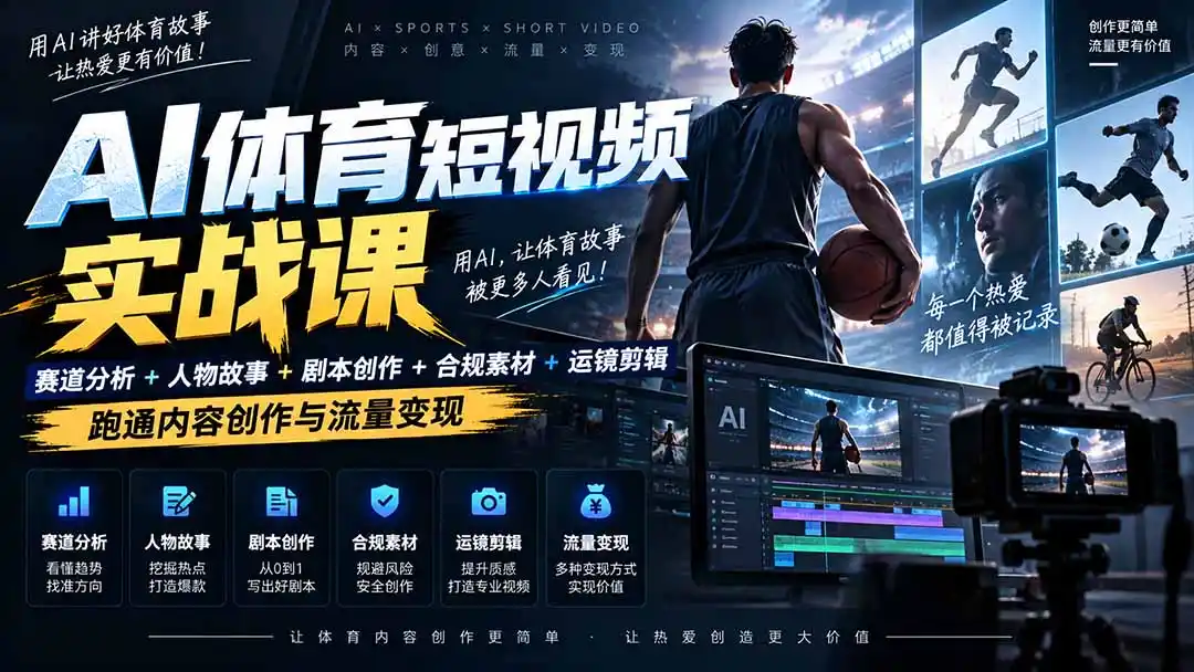 AI体育短视频赛道顶级玩法｜赛道分析+人物故事+剧本创作+版权处理+运镜剪辑，跑通流量变现-日赚1K+-翻身路网创