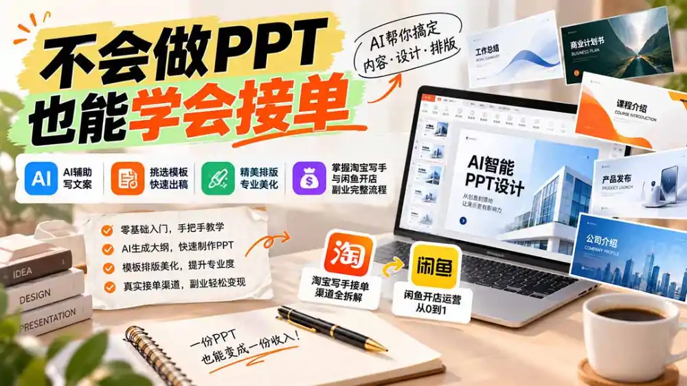 不会做PPT也能学会接单：AI辅助写文案、挑模板、做排版，掌握淘宝写手与闲鱼开店副业完整流程-翻身路网创