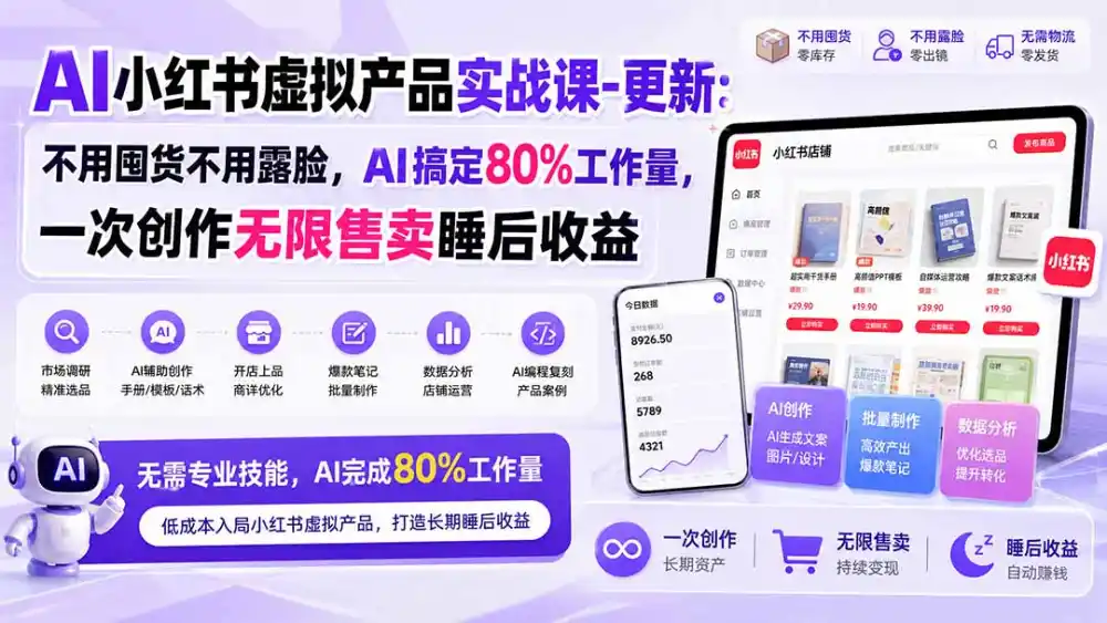 AI小红书虚拟产品实战课-更新1017：不用囤货不用露脸，AI搞定80%工作量，一次创作无限售卖睡后收益-翻身路网创