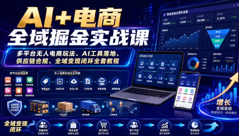 AI+电商全域掘金实战课｜多平台无人电商玩法、AI工具落地、供应链合规、全域变现闭环全套教程-翻身路网创