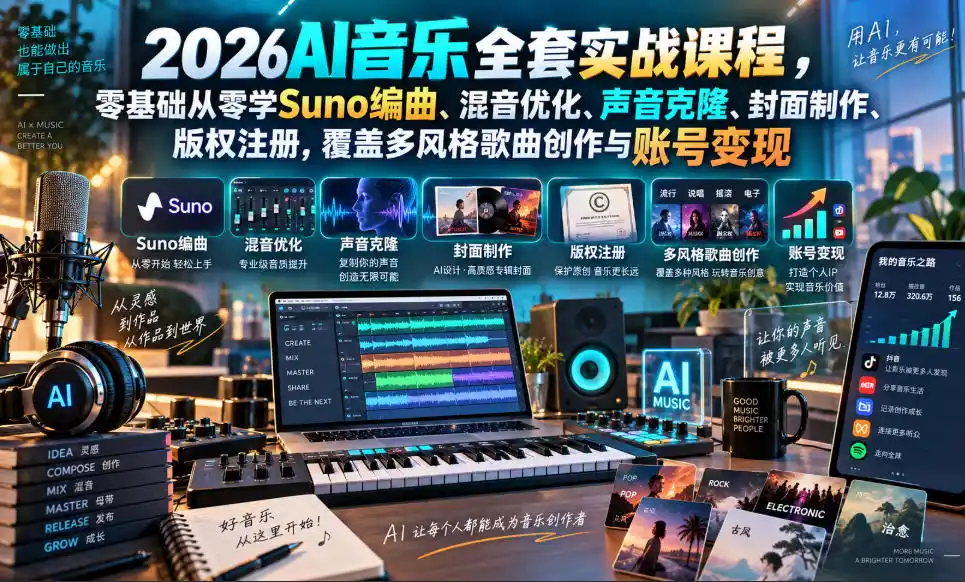 2026AI音乐实战课程，零基础从零学Suno编曲、混音优化、声音克隆、版权注册，覆盖多风格歌曲创作与账号变现-翻身路网创