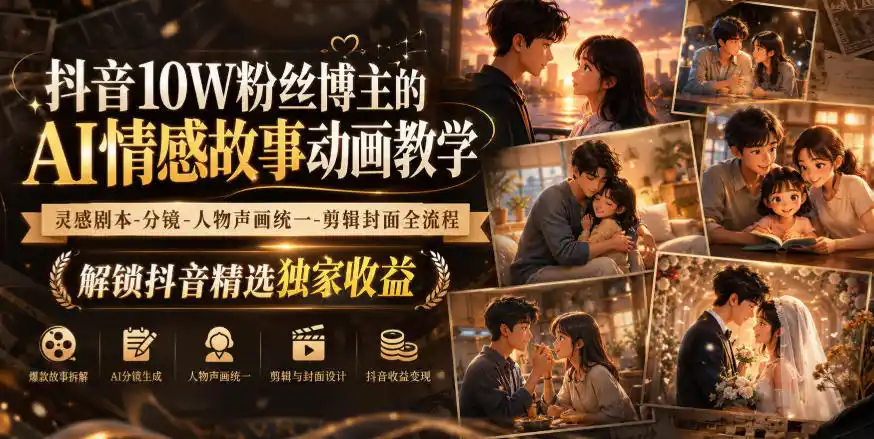 抖音10W粉丝博主的AI情感故事动画教学，灵感剧本‑分镜‑人物声画统一‑剪辑封面全流程，解锁抖音精选独家收益-翻身路网创