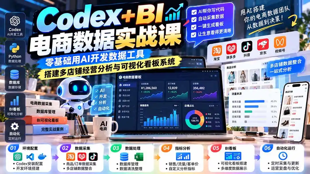 Codex+BI电商数据实战课：零基础用AI开发数据工具，搭建多店铺经营分析与可视化看板系统-翻身路网创
