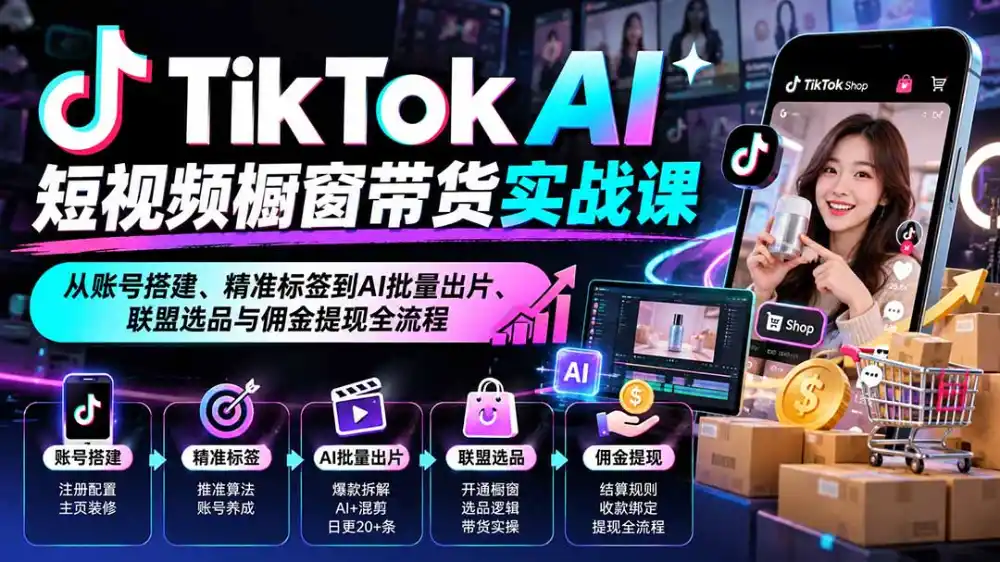 TikTok AI短视频橱窗带货实战课：从账号搭建、精准标签到AI批量出片、联盟选品与佣金提现全流程-翻身路网创