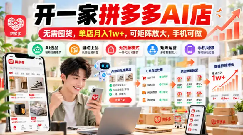 开一家拼多多AI店，无需囤货，单店月入1w+，可矩阵放大，手机可做【揭秘】-翻身路网创