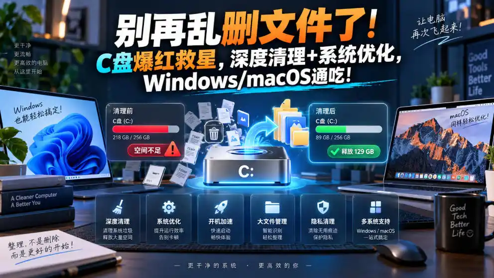 别再乱删文件了！C盘爆红救星，深度清理+系统优化，Windows/macOS通吃！-翻身路网创
