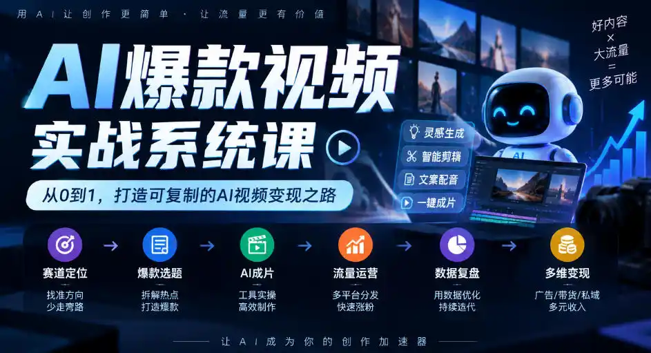 AI爆款视频实战系统课｜赛道定位、爆款选题、AI成片、流量运营、数据复盘、多维变现全链路教学-翻身路网创