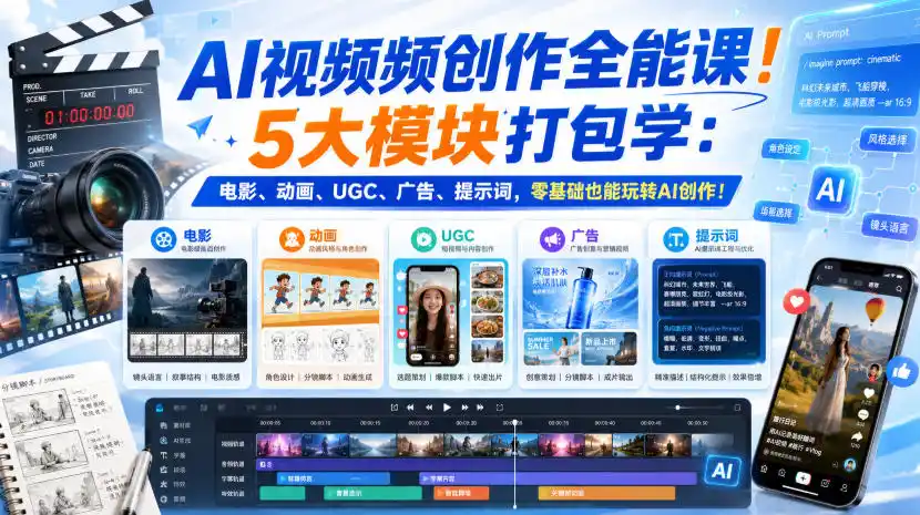 AI视频频创作全能课！5大模块打包学：电影、动画、UGC、广告、提示词，零基础也能玩转AI创作！【原创双语字幕】-翻身路网创
