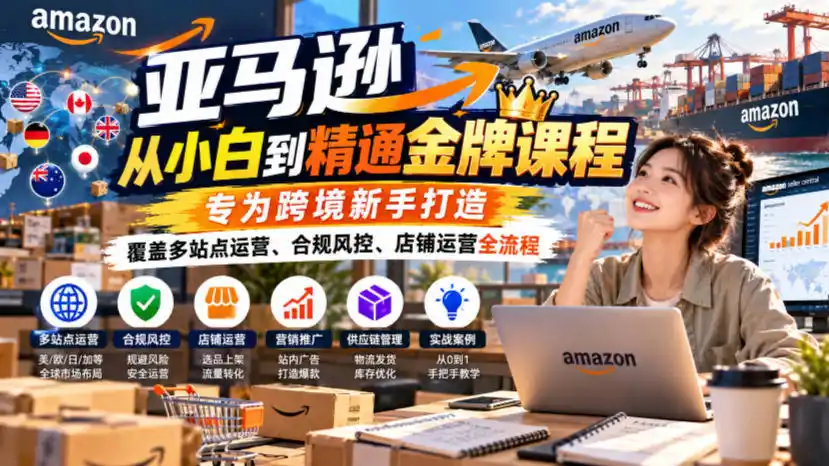 亚马逊从小白到精通金牌课程，专为跨境新手打造，覆盖多站点运营、合规风控、店铺运营全流程-翻身路网创