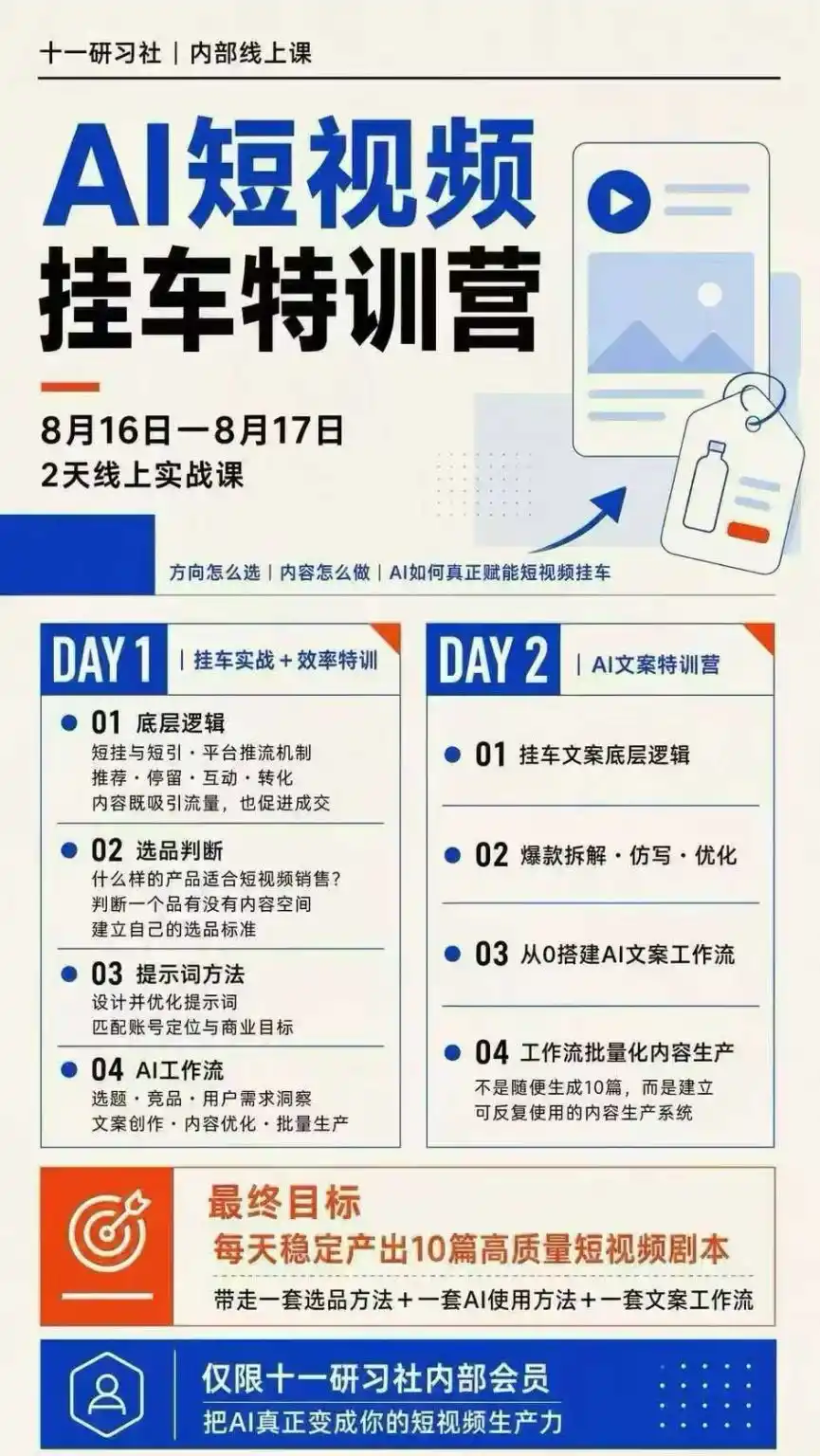AI短视频挂车生产力8月16-17线上课实战营：2天掌握选品方法+AI使用方法+文案工作流，建立每天10篇高质量剧本生产线-翻身路网创