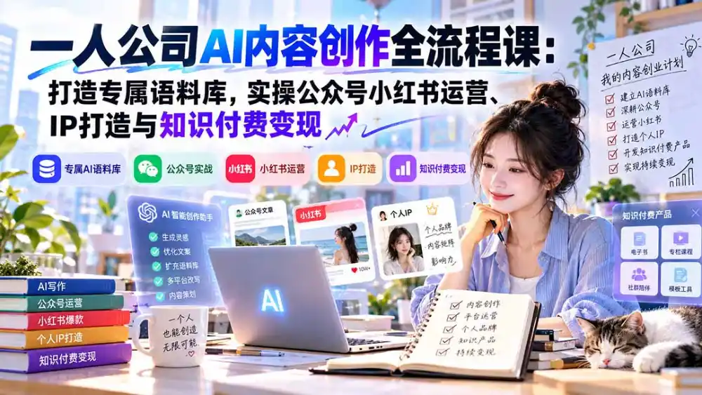 一人公司AI内容创作全流程课：打造专属语料库，实操公众号小红书运营、IP打造与知识付费变现方法论-翻身路网创