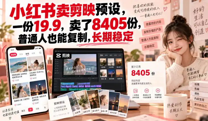小红书卖剪映预设，一份19.9，卖了8405份，普通人也能复制，长期稳定-翻身路网创