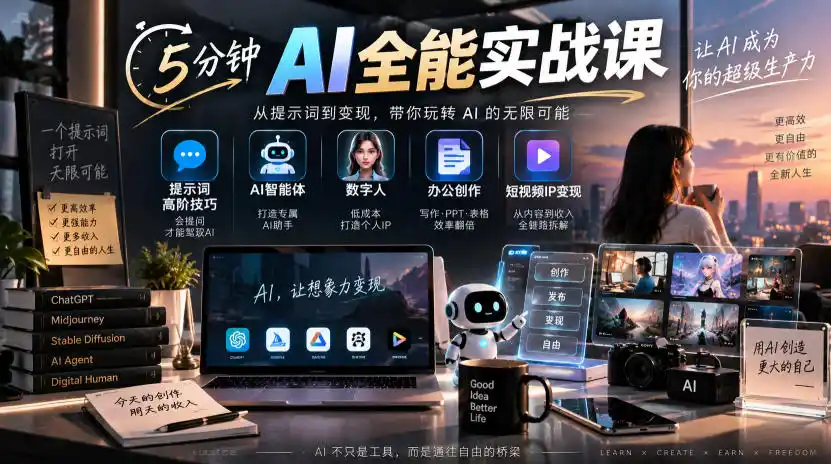 5分钟AI全能实战课|提示词高阶技巧+AI智能体+数字人+办公创作+短视频IP变现全教程-翻身路网创
